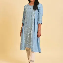W Blue Printed A Line Kurta image 1