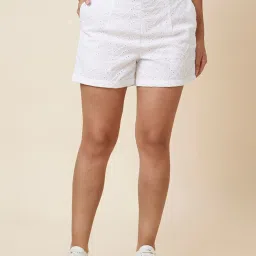 Globus White Cotton Self Design High Rise Shorts image 1
