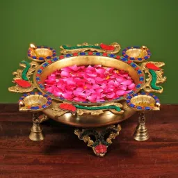 Ekaa Handicrafts Brass Peacock Urli Stand with 4 Diya holders Stonework image 1