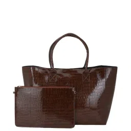 Forever 21 Brown PU Textured Tote Handbag with Pouch image 1