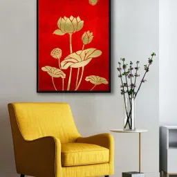 999Store Red Canvas Mughal Golden Lotus Flower Moon Canvas Wall Painting image 1