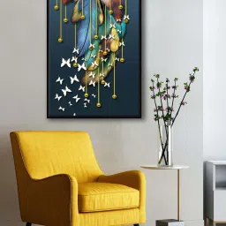 999Store Turquoise Blue Feathers With Flying Butterfly Golden Line Art Canvas Painting image 1