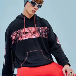 Bewakoof Black Relaxed Fit Graphic Print Oversized Hooded Sweatshirt image 1