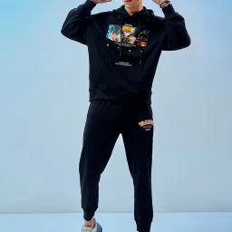 Bewakoof Black Loose Fit Graphic Print Oversized Sweatshirt & Joggers Set image 1