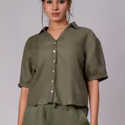 Zebein India Olive Green Viva La Frida Sunshine Linen Shirt-image-1