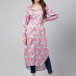 Janasya Sea Green Floral Print High Low Kurta image 1