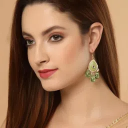 Dugran By Dugristyle Green & White Drop Earrings with Kundan & Pearls for Women image 1