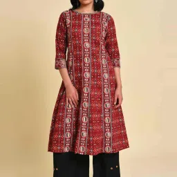 W Maroon Cotton Printed A Line Kurta image 1