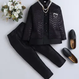 Fourfolds Boys Black Embellished Full Sleeves Indo Blazer with Pants image 1