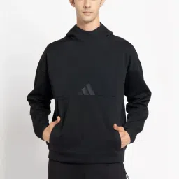 Adidas Black Loose Fit Logo Printed Hooded Sweatshirt image 1
