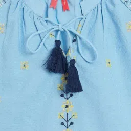 Blue Giraffe Girls Blue Cotton Embredred Dress image 3
