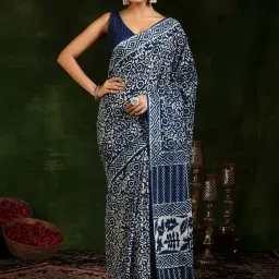 Libas Blue Cotton Printed Saree image 1