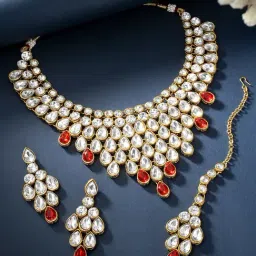 Peora Traditional Kundan Studded Necklace with Earrings Maang Tikka Jewellery Set-image-23