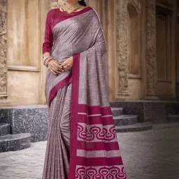 Satrani Grey & Purple Silk Printed Saree With Unstitched Blouse-picture-31