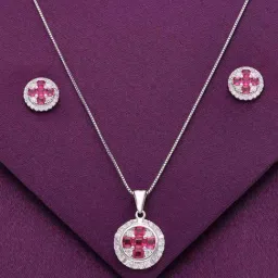 Kai Jewel Sterling Stylish Pink & White Zircon Pendant with Chain & Earrings Set for Women-picture-39