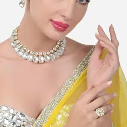 Zaveri Pearls Gold Tone Dazzling Kundan Statement Necklace Earring & Ring Set-ZPFK15659-picture-35