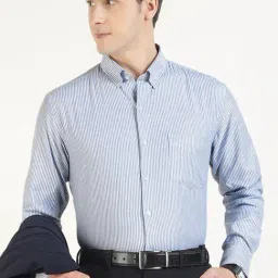 English Navy White & Blue Cotton Slim Fit Striped Shirt-image-42