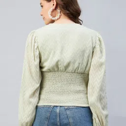 Marie Claire Light Green Self Design V-Neck Top image 2