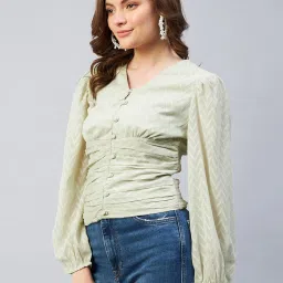 Marie Claire Light Green Self Design V-Neck Top image 3