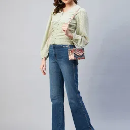 Marie Claire Light Green Self Design V-Neck Top image 4