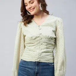 Marie Claire Light Green Self Design V-Neck Top image 1