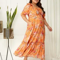 Miss Chase A+ Orange Printed A-Line Dress image 4