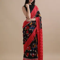Jaipur Kurti Black Mulmul Cotton Regular Fit Print Saree image 4