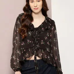 aaliya Floral Print Tie-Up Neck Puff Sleeve Chiffon Peplum Crop Top image 1
