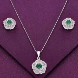 Kai Jewel Sterling White & Green Zircon Floral Pendant with Chain & Earrings Set for Women-picture-22