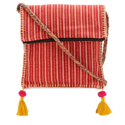 The House of Tara Red Striped Handloom Fabric Boho Ethnic Sling Bag with Tassels-image-0
