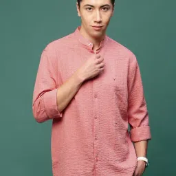 Showoff Peach Cotton Slim Fit Texture Shirt-image-95