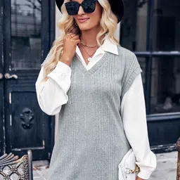 StyleCast Grey Striped V-Neck Pullover Sweater image 1