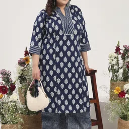 Tissu Plus Size Ethnic Motifs Printed Mandarin Collar Pure Cotton Kurta with Palazzos image 2