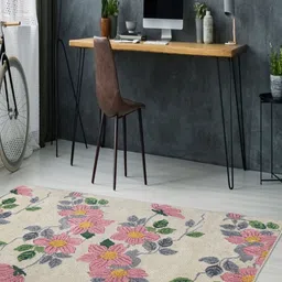 Saral Home Beige Floral Printed Anti-Skid Rectangular Carpet image 1