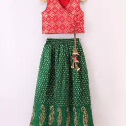 Twisha Sleeveless Diamond Design Choli With Paisley Print Crushed Detail Lehenga - Red Green-picture-15
