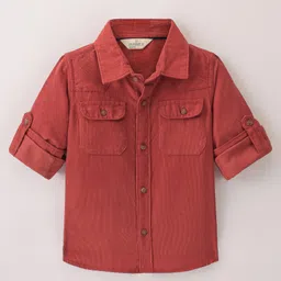 INFINITY Cotton Woven Full Sleeves Ribbed Shirt - Rust Red-image-76