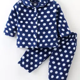 Kanvin Supersoft Extra Warm Velour Full Sleeves Winter Night Suit With Polka Dots Print - Navy Blue-picture-24