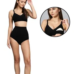 TUMMY Bamboo Cotton Solid Nursing Breast Feeding Bra & High Waist Maternity Panty Set - Black-picture-17