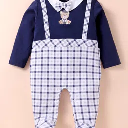 ToffyHouse Knit Full Sleeves Checkered Footed Romper With Peter Pan Collar & Teddy Bear Embroidery - Navy Blue & White-picture-15