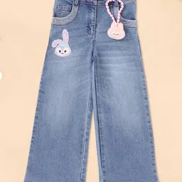 Cutecumber Denim Pearls Embellished & Rabbit Patch Detailed Washed Jeans - Blue-image-20