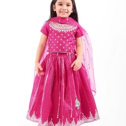 Babyhug Woven Short Sleeves Organza Sequecned Embroidered Choli Lehenga Set With Dupatta & Lace Detailing - Dark Pink-picture-2