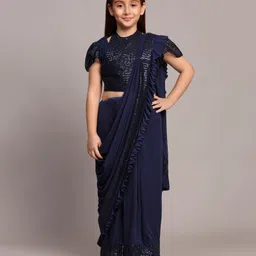 SHRITHI Fashion Fab Sinker Woven Sequins Embellished Wrap Around Saree With Unstitched Blouse Piece - Dark Blue-picture-27