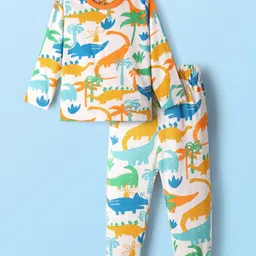 Babyhug Cotton Knit Full Sleeves Co-Ord Night Suit with Dino Print - White-picture-38