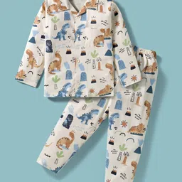 Evimo Single Jersey Knit Full Sleeves Co-ords Night Suit With Dino Print - Off White & Blue-picture-10