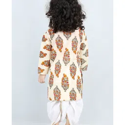 AJ Dezines Full Sleeves Seamless Jaipuri Floral Motif Printed Kurta With Dhoti - Cream image 3