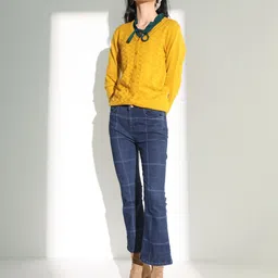 Crimsoune Club Women Navy Blue Checked Boot Cut Jeans-picture-20