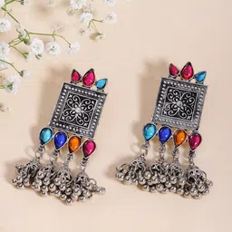 Fida Silver-Toned Geometric Oxidised Drop Earrings-image-29