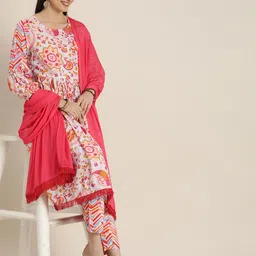 Sangria Women Printed Pleated Pure Cotton Kurta with Trousers & With Dupatta image 5