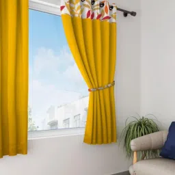 Swayam Blackout Eyelet Window Curtain - Solid Yellow With Floral Print Border-image-15