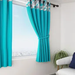 Swayam Blackout Eyelet Window Curtain - Solid Turquoise With Floral Print Border-image-73